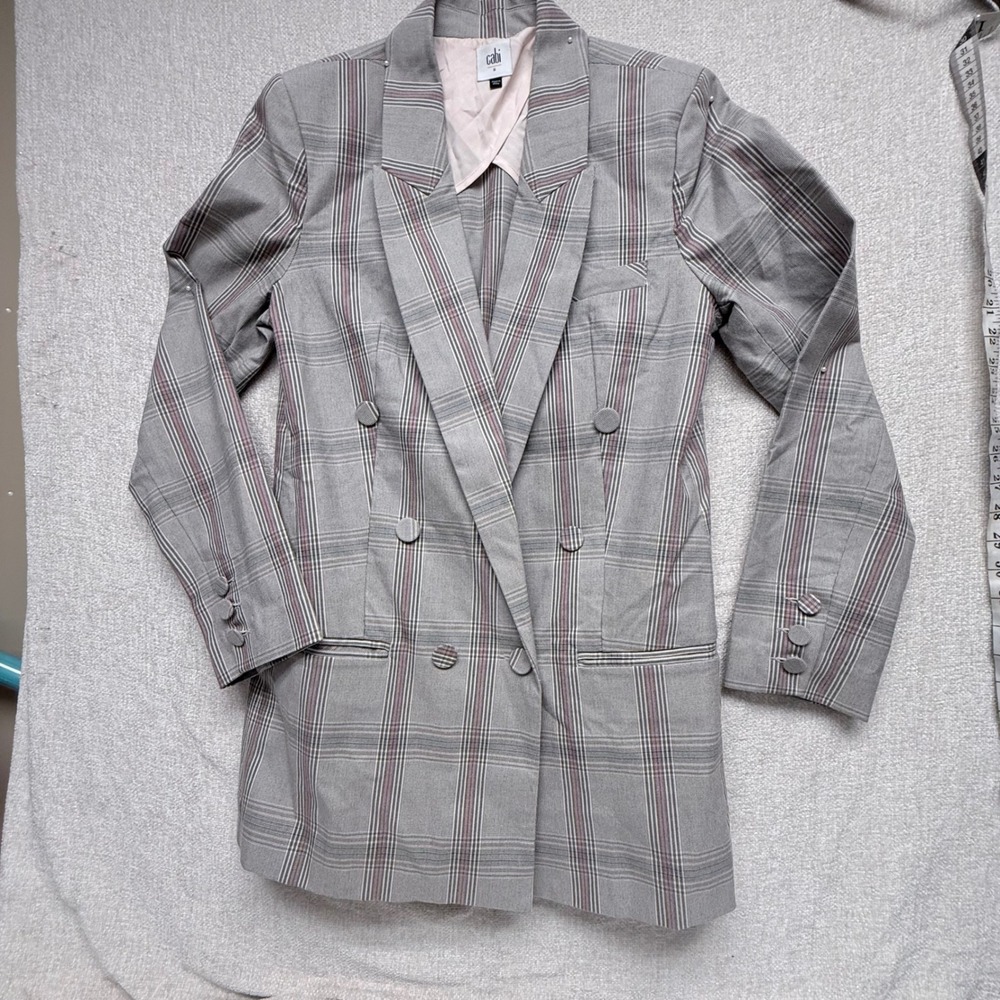 Cabi Grey Plaid Double Breasted Longline Blazer Jacket Size 6 Peaked Lapel